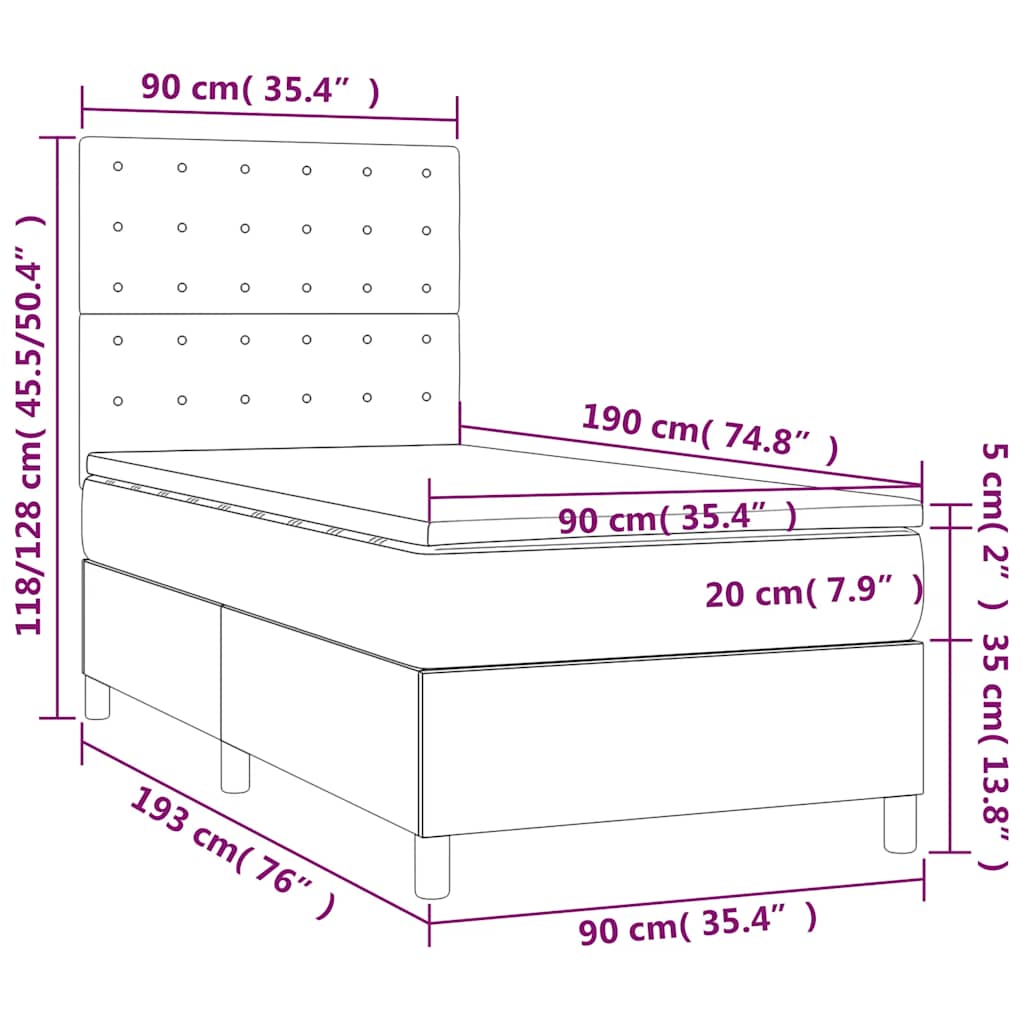 Krevet box spring s madracem LED tamnoplavi 90x190 cm baršun