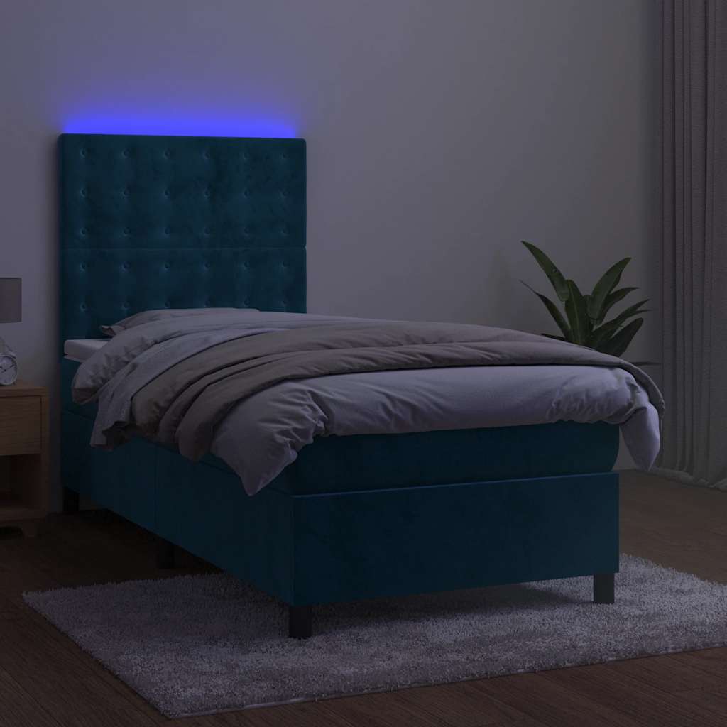 Krevet box spring s madracem LED tamnoplavi 90x200 cm baršun