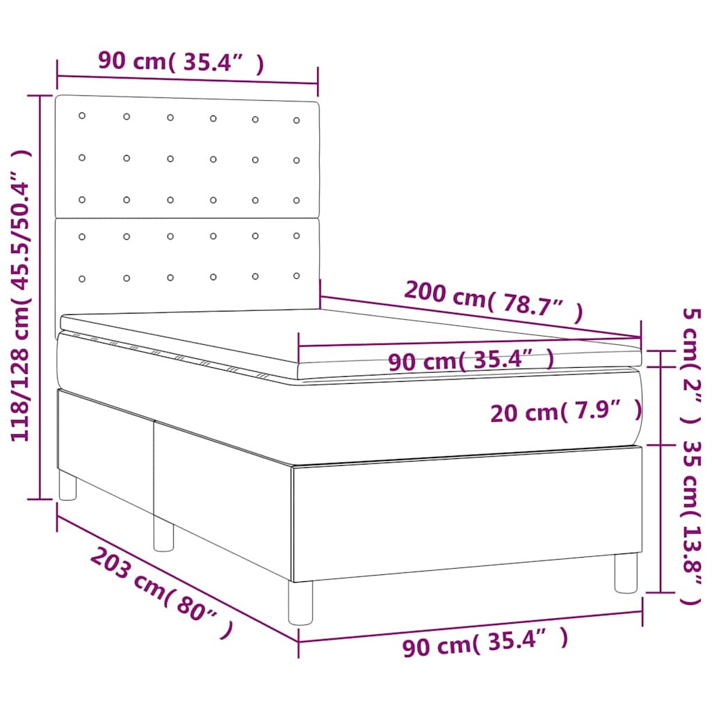 Krevet box spring s madracem LED tamnoplavi 90x200 cm baršun