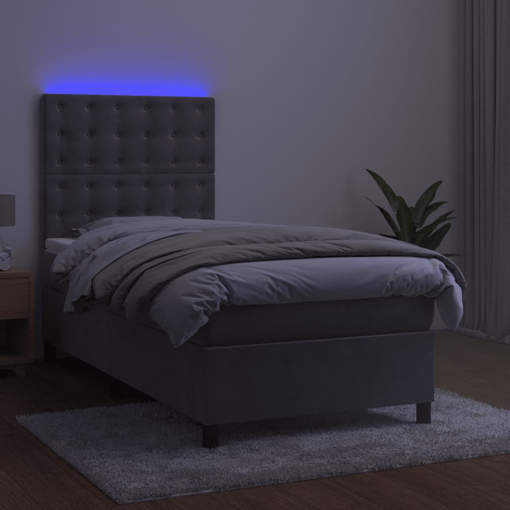 Krevet box spring s madracem LED svjetlosivi 100x200 cm baršun
