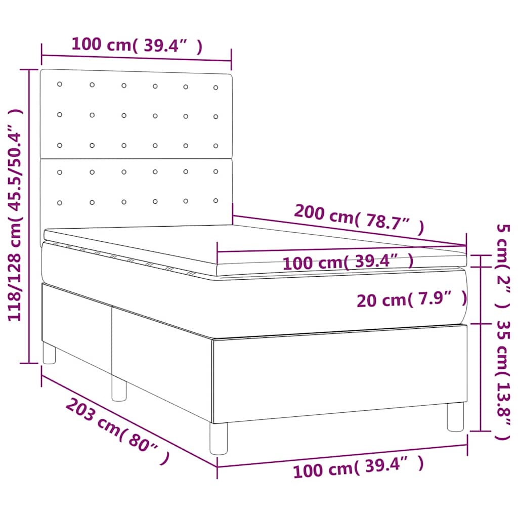 Krevet box spring s madracem LED tamnoplavi 100x200 cm baršun