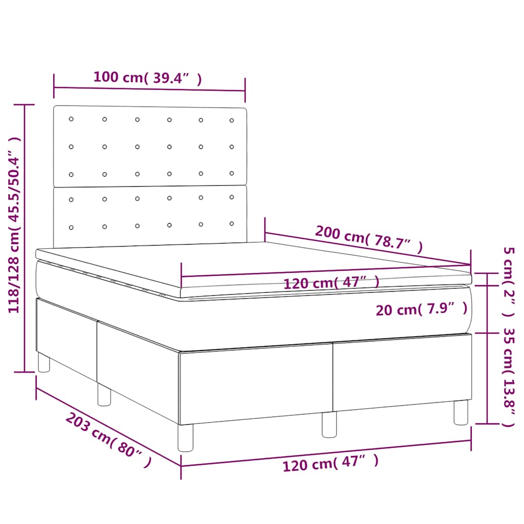 Krevet box spring s madracem LED tamnoplavi 120x200 cm baršun