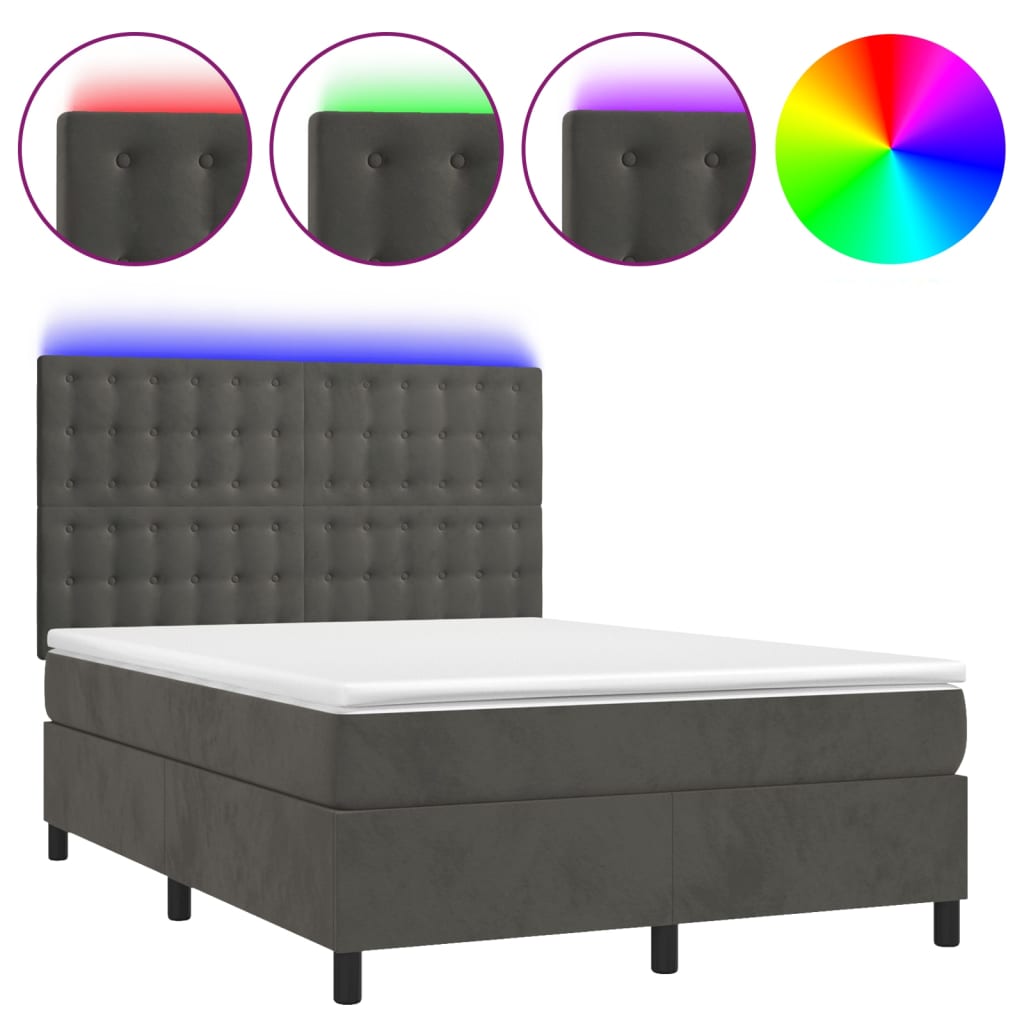 Krevet box spring s madracem LED tamnosivi 140x190 cm baršun