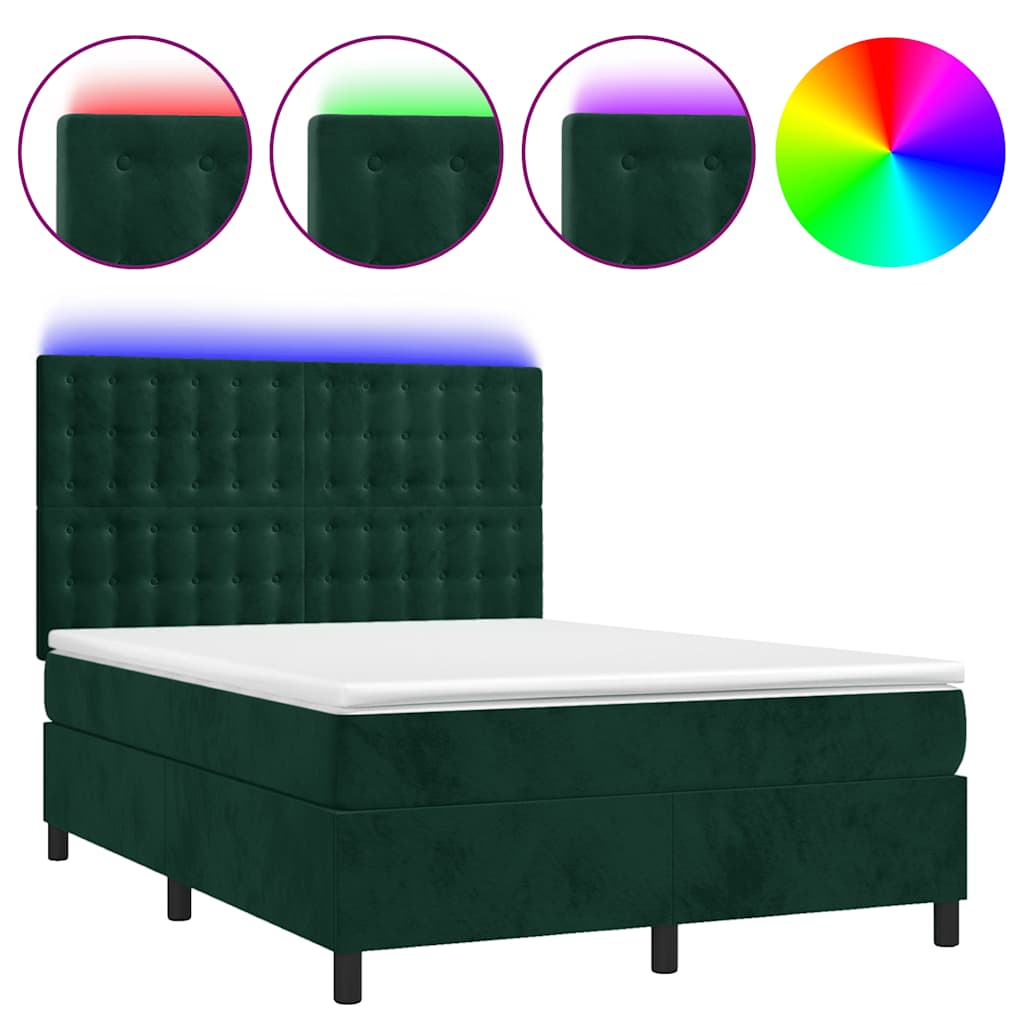 Krevet box spring s madracem LED tamnozeleni 140x190 cm baršun