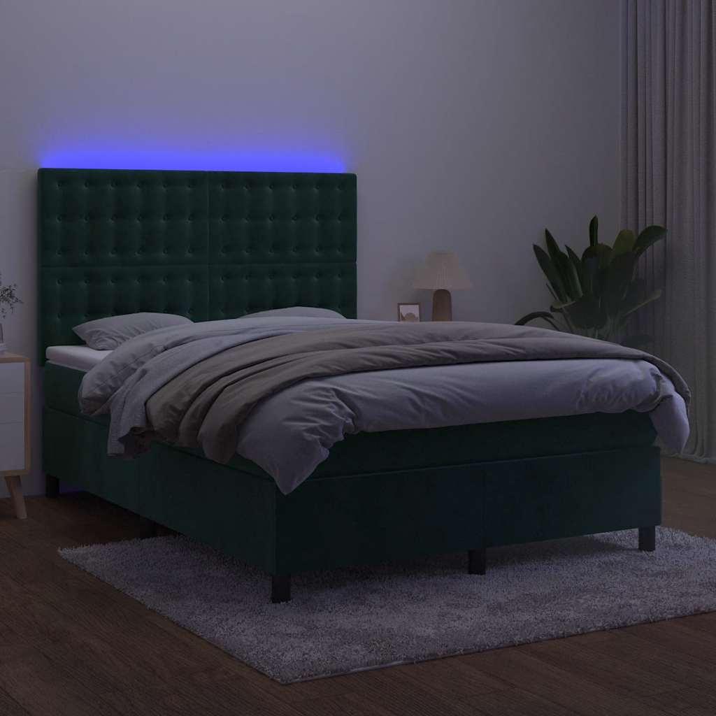 Krevet box spring s madracem LED tamnozeleni 140x190 cm baršun
