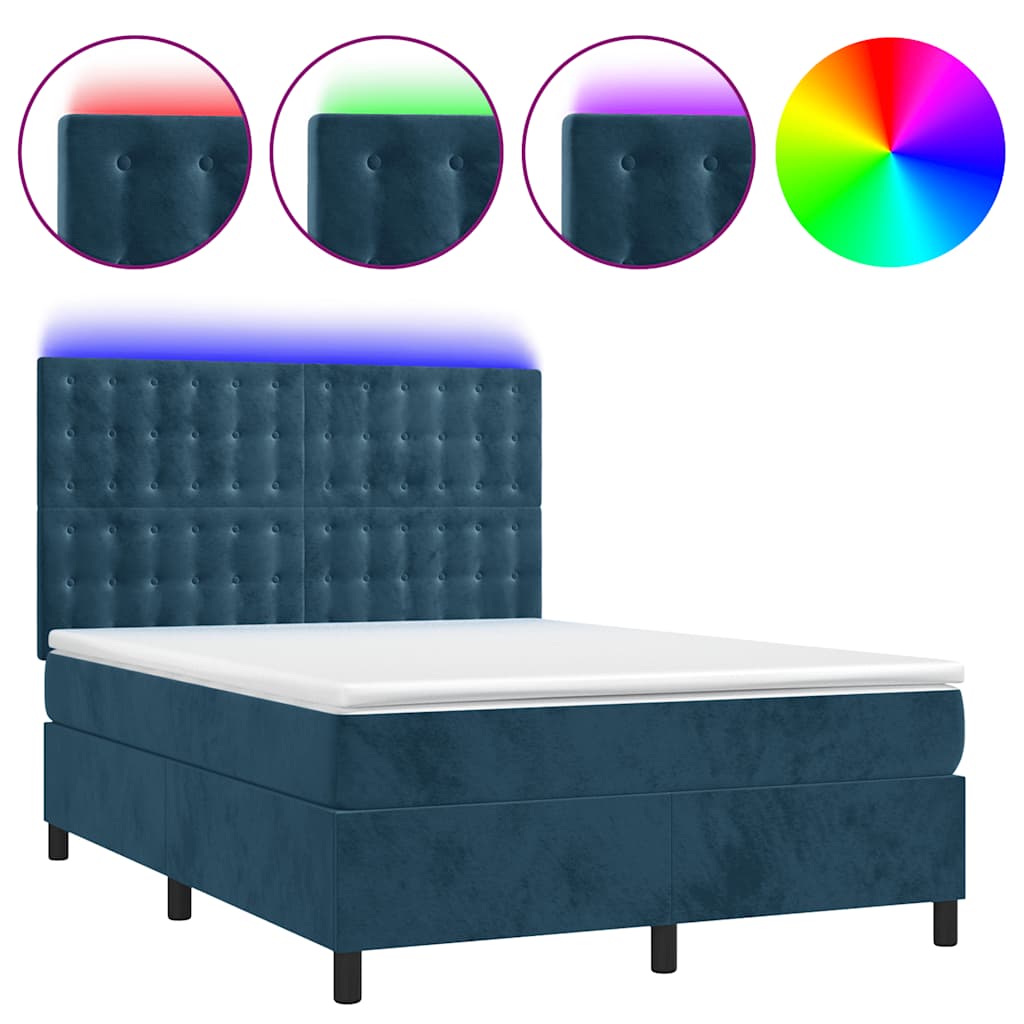 Krevet box spring s madracem LED tamnoplavi 140x190 cm baršun