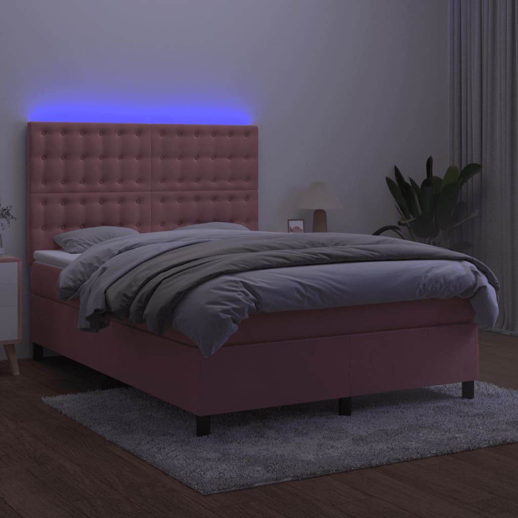 Krevet box spring s madracem LED ružičasti 140x190cm baršunasti