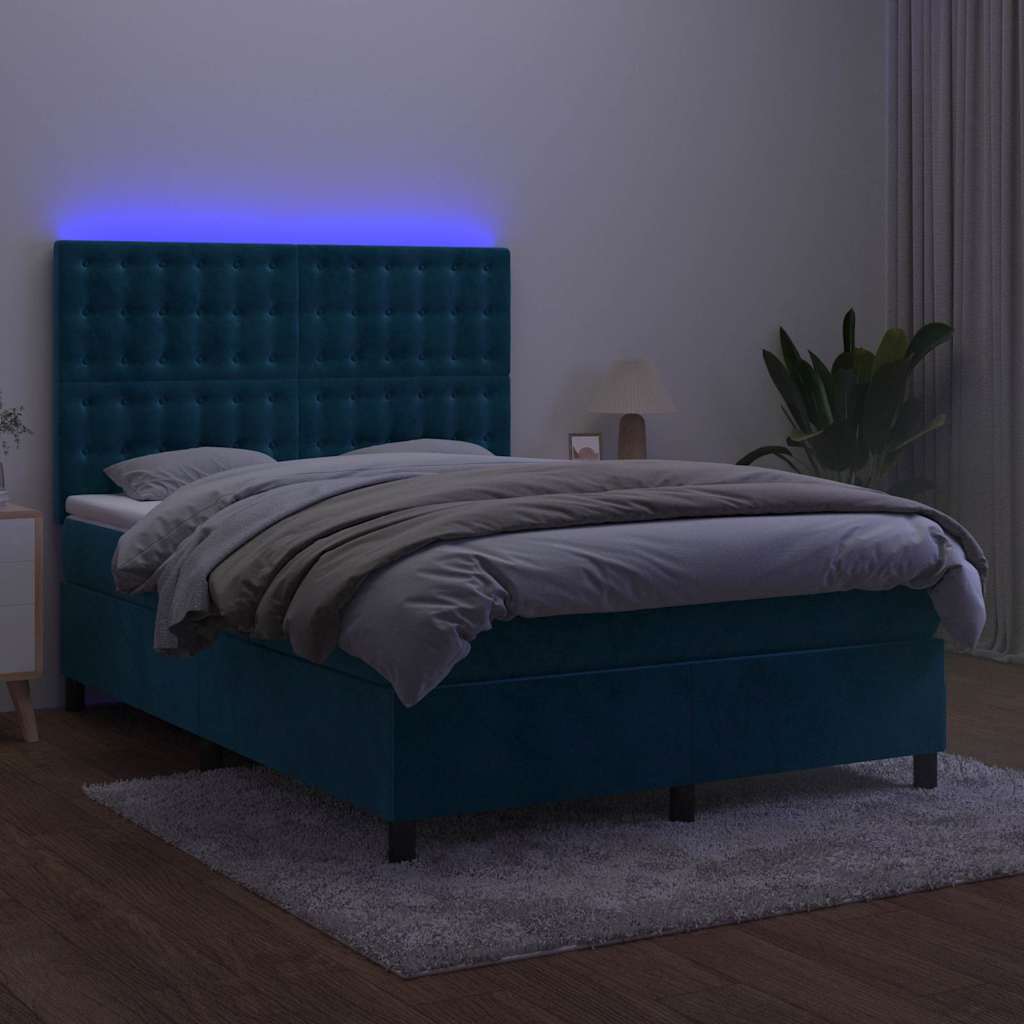 Krevet box spring s madracem LED tamnoplavi 140x200 cm baršun