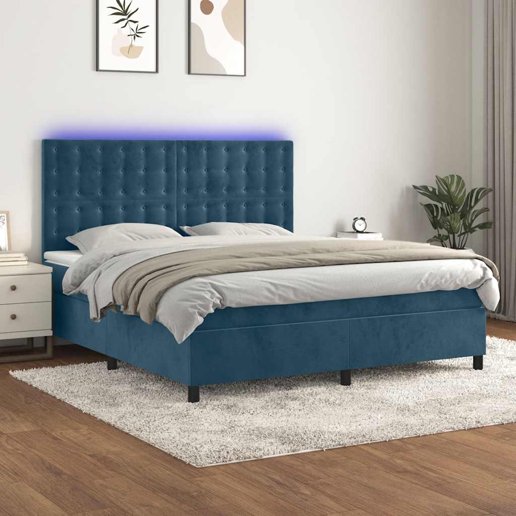 Krevet box spring s madracem LED tamnoplavi 160x200 cm baršun