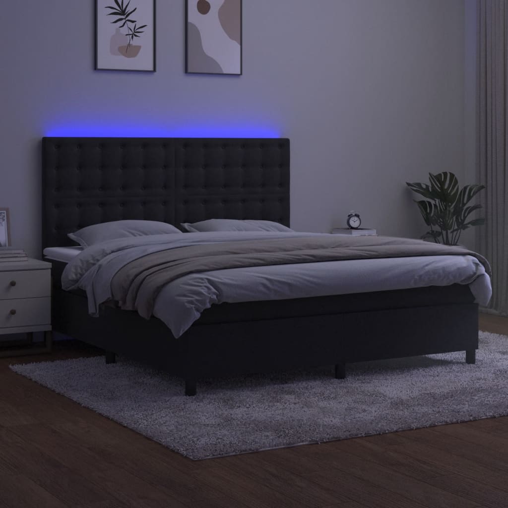 Krevet box spring s madracem LED crni 180x200 cm baršun