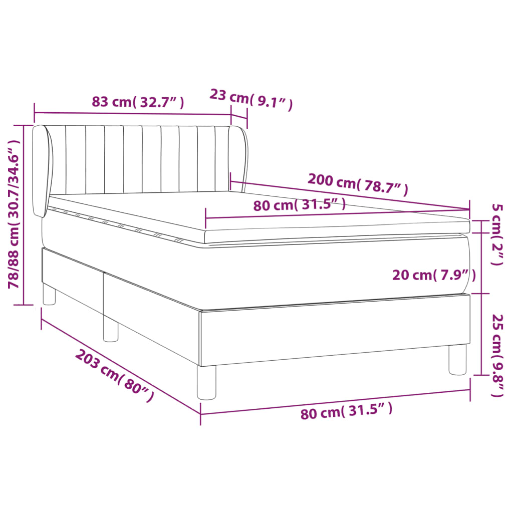 Box spring krevet s madracem tamnosivi 80 x 200 cm baršunasti