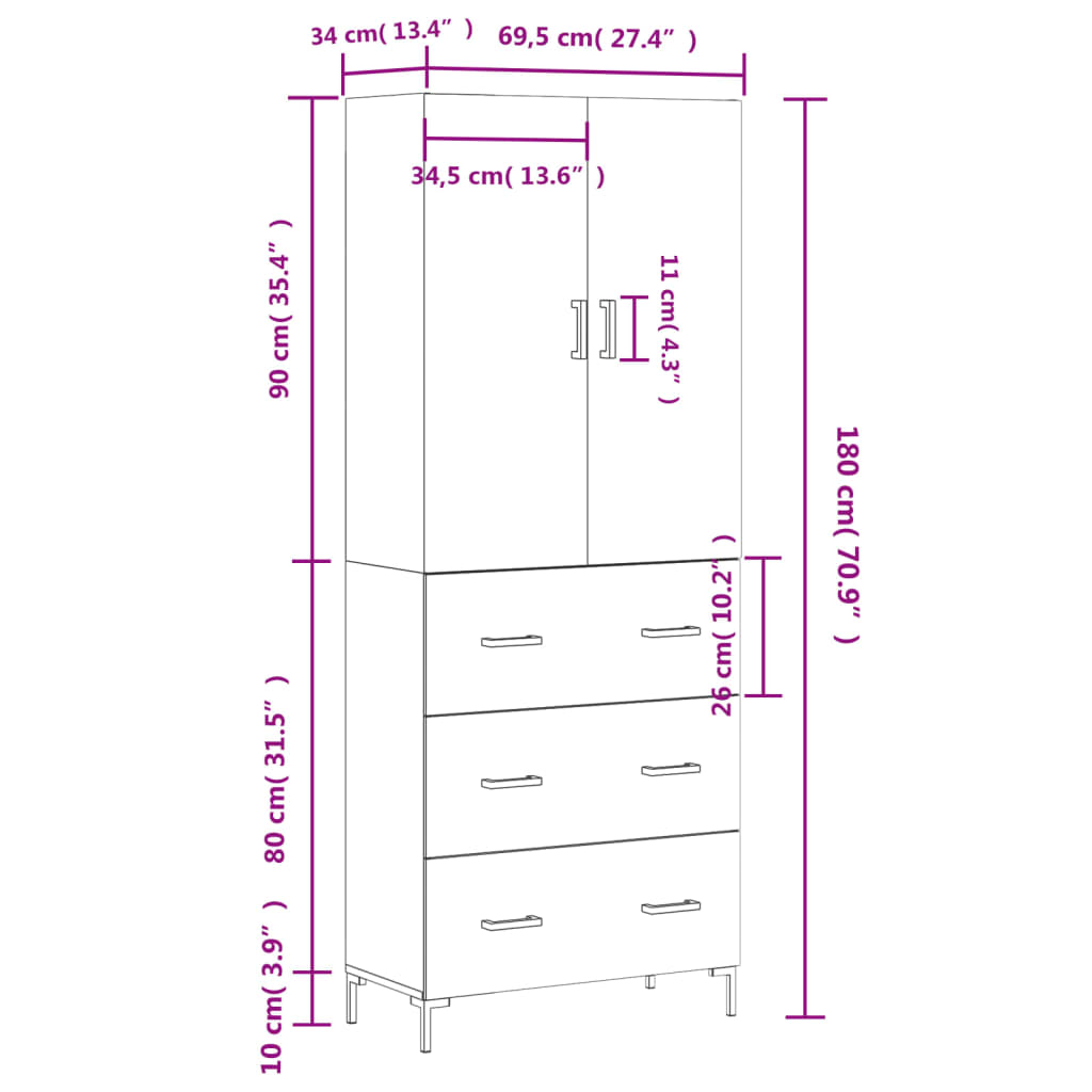Visoka komoda siva sonome 69,5x34x180 cm od konstruiranog drva