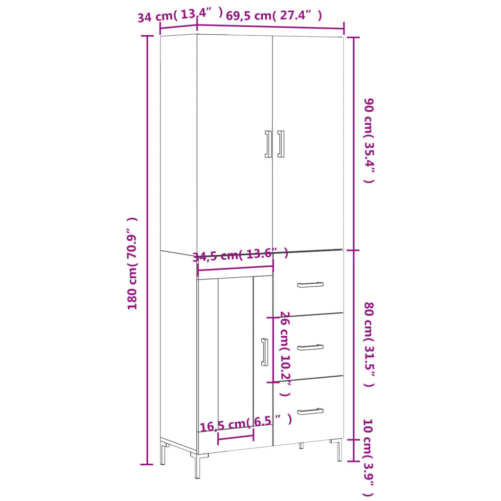 Visoka komoda dimljeni hrast 69,5x34x180 cm konstruiranog drva