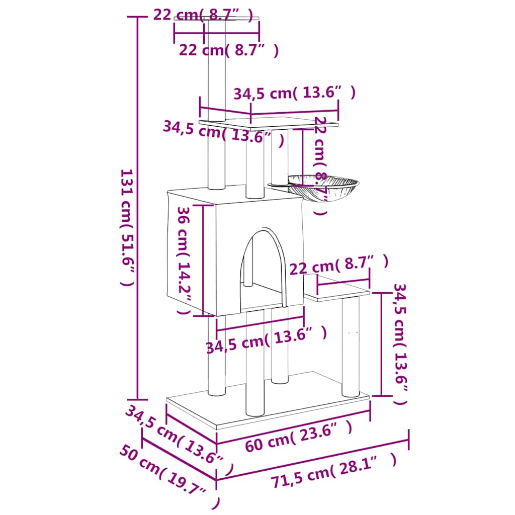 Penjalica za mačke sa stupovima za grebanje svjetlosiva 131 cm