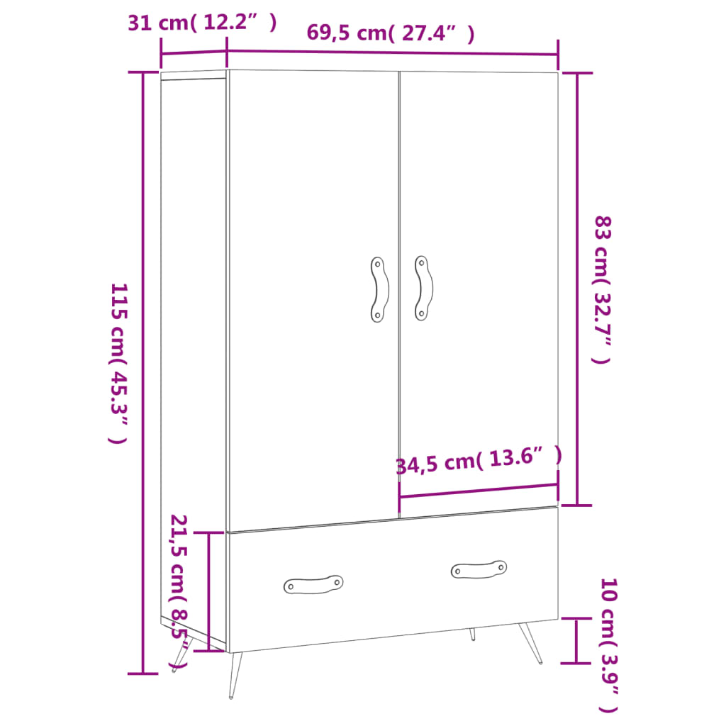 Visoka komoda sjajna bijela 69,5x31x115 cm konstruirano drvo