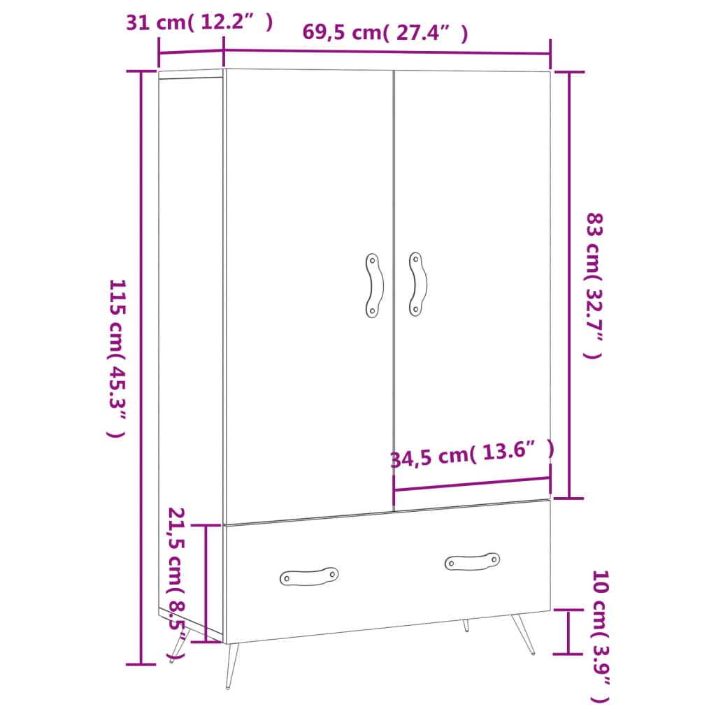 Visoka komoda siva boja hrasta 69,5x31x115 cm konstruirano drvo