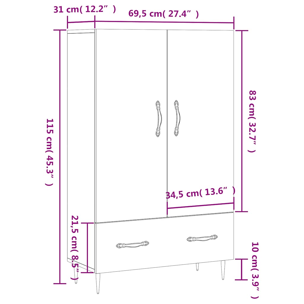 Visoka komoda siva boja hrasta 69,5x31x115 cm konstruirano drvo