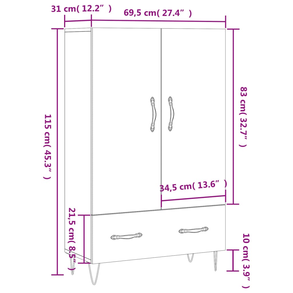 Visoka komoda bijela 69,5 x 31 x 115 cm od konstruiranog drva