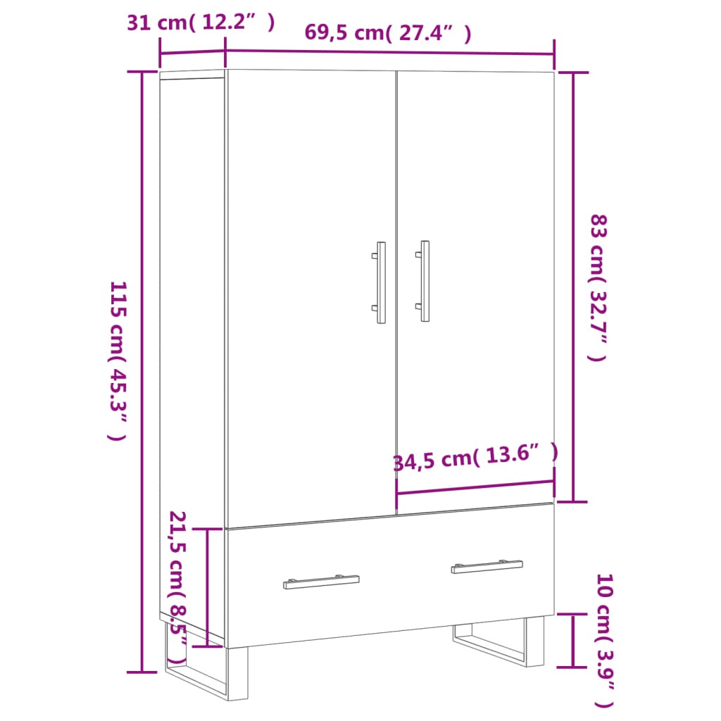 Visoka komoda boja hrasta 69,5 x 31 x 115 cm konstruirano drvo