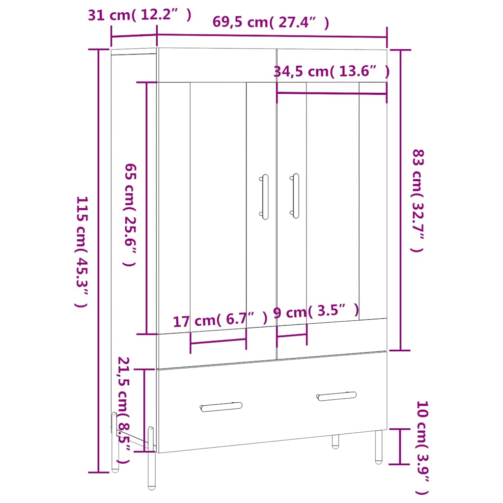 Visoka komoda boja hrasta 69,5 x 31 x 115 cm konstruirano drvo
