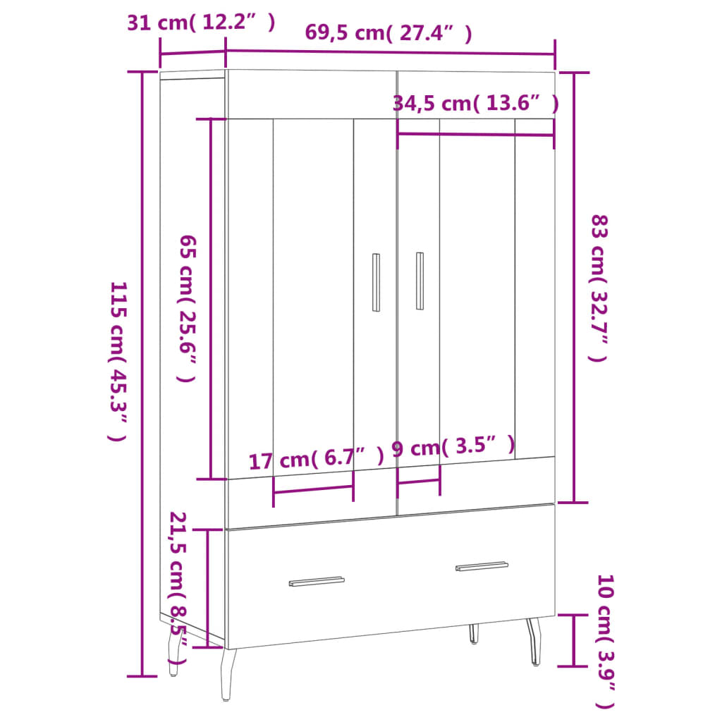 Visoka komoda bijela 69,5 x 31 x 115 cm od konstruiranog drva