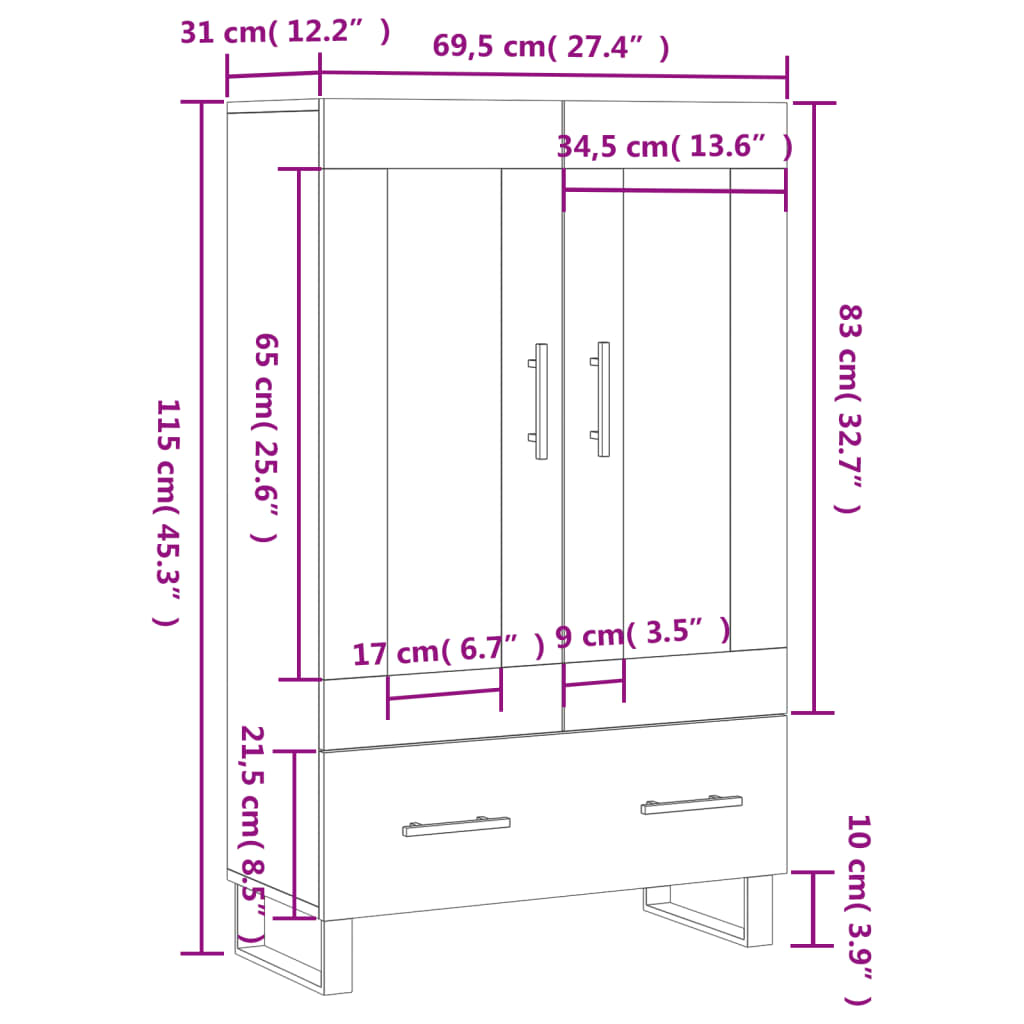 Visoka komoda sjajna bijela 69,5x31x115 cm konstruirano drvo