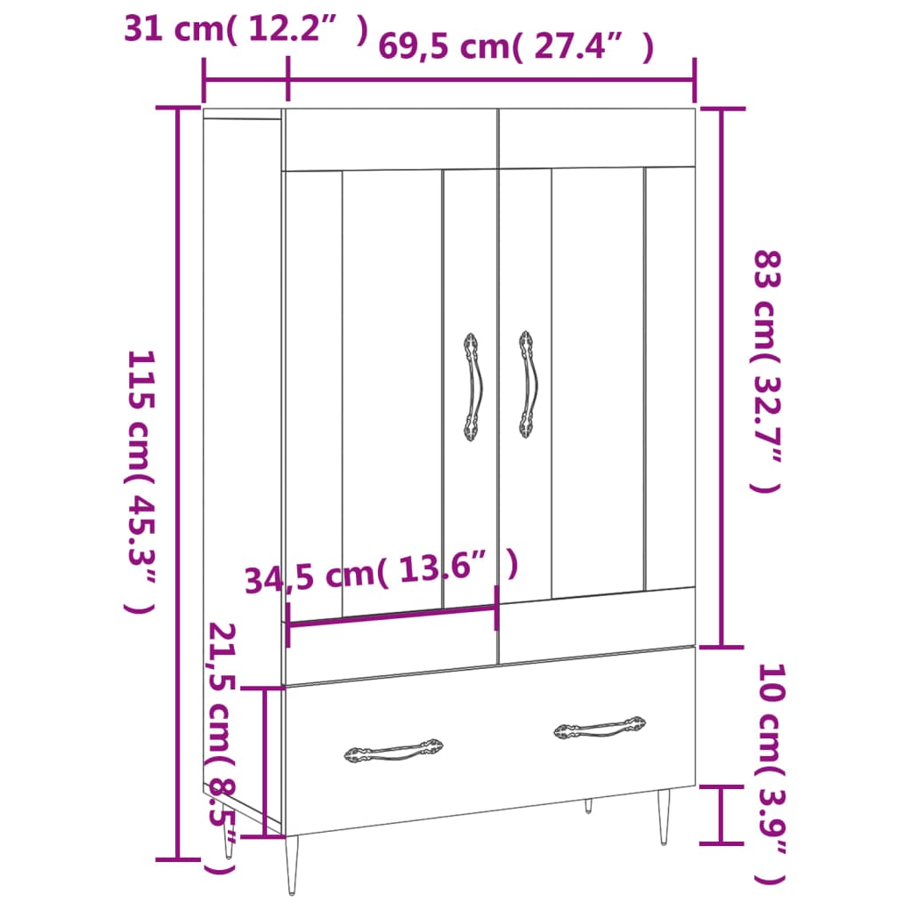 Visoka komoda bijela 69,5 x 31 x 115 cm od konstruiranog drva