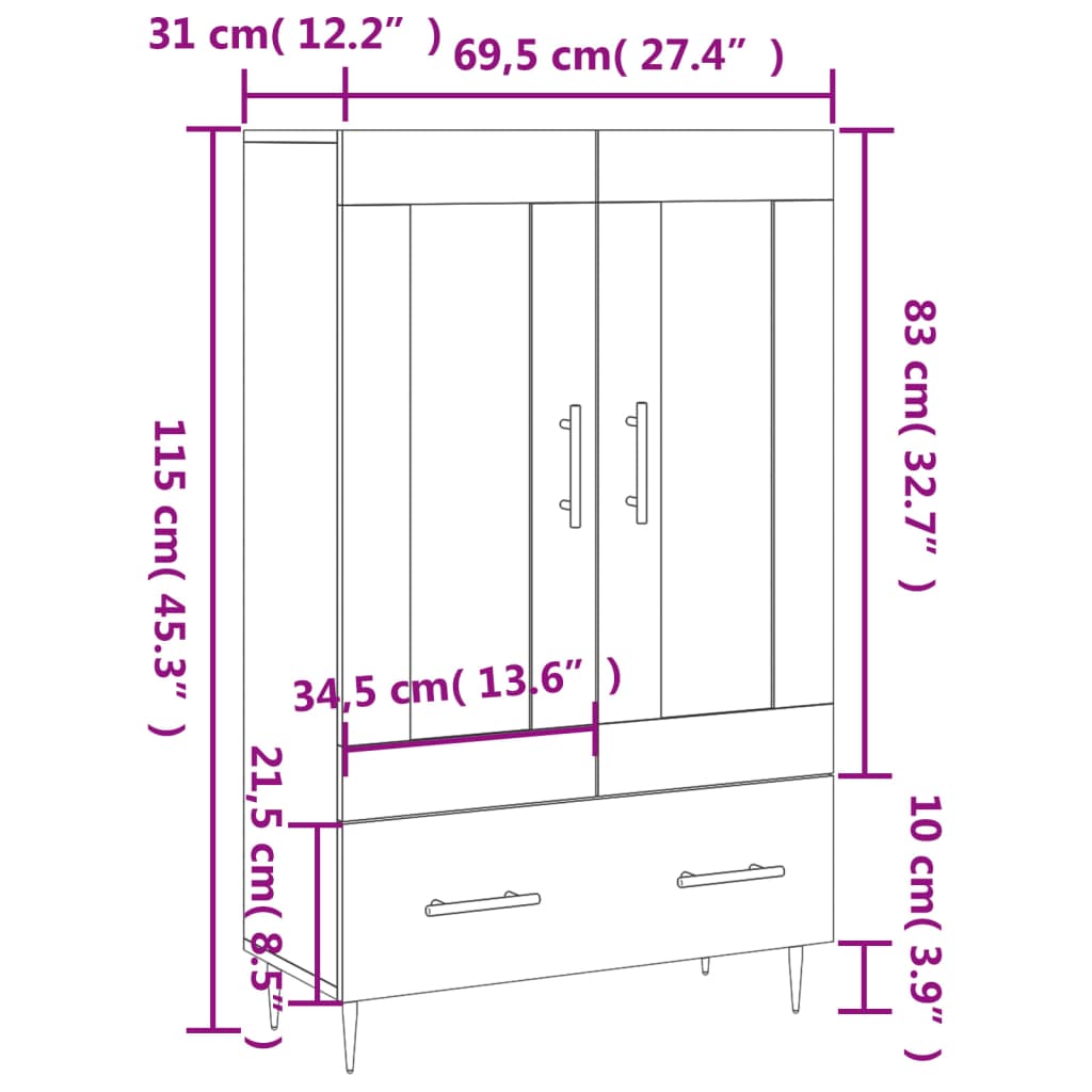 Visoka komoda boja betona 69,5 x 31 x 115 cm konstruirano drvo