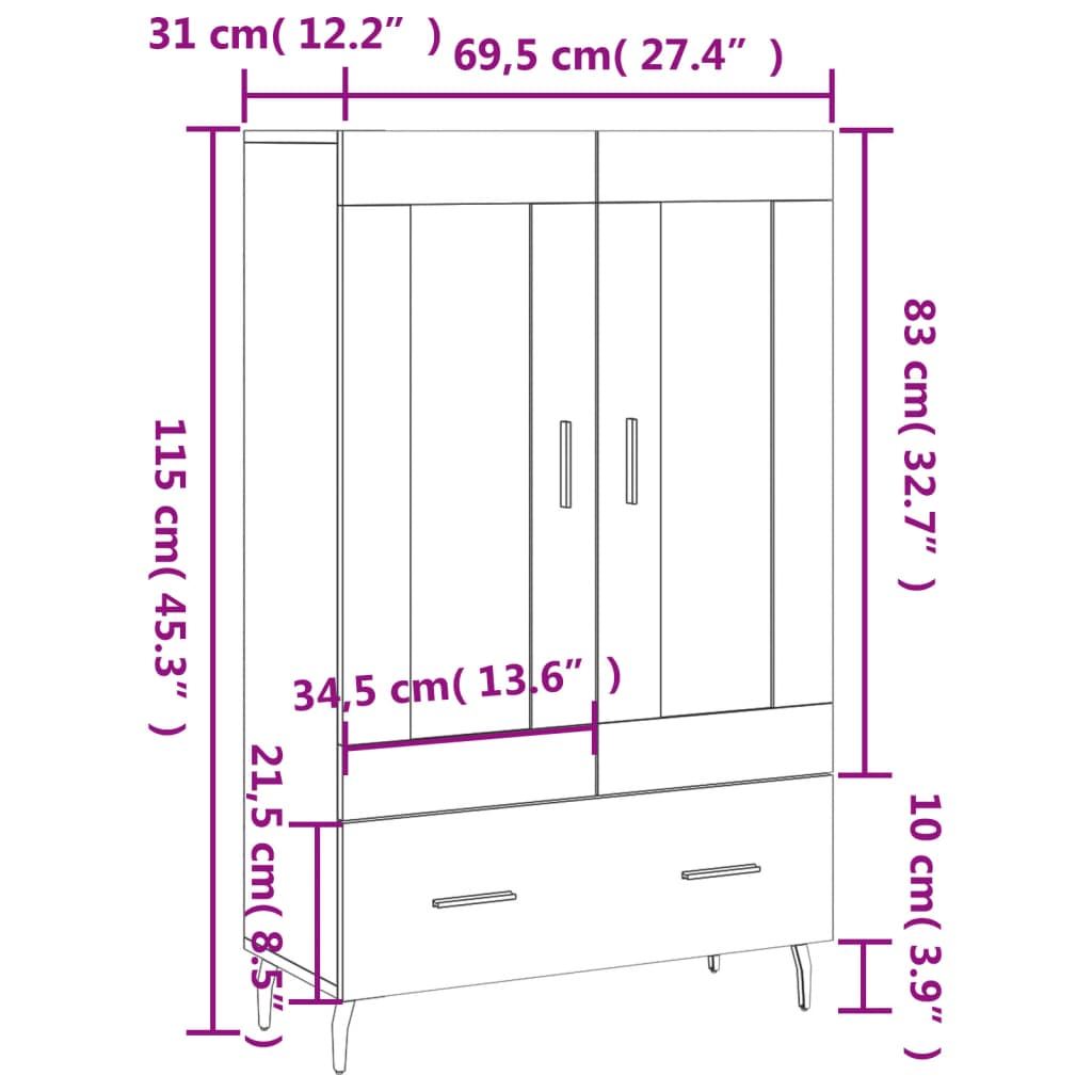 Visoka komoda bijela 69,5 x 31 x 115 cm od konstruiranog drva