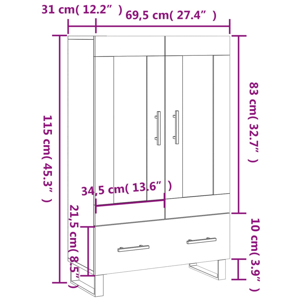 Visoka komoda boja betona 69,5 x 31 x 115 cm konstruirano drvo