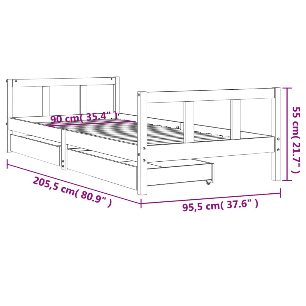 Okvir za dječji krevet s ladicama crni 90 x 200 cm od borovine