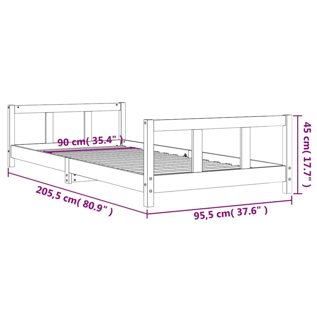 Okvir za dječji krevet bijeli 90 x 200 cm od masivne borovine