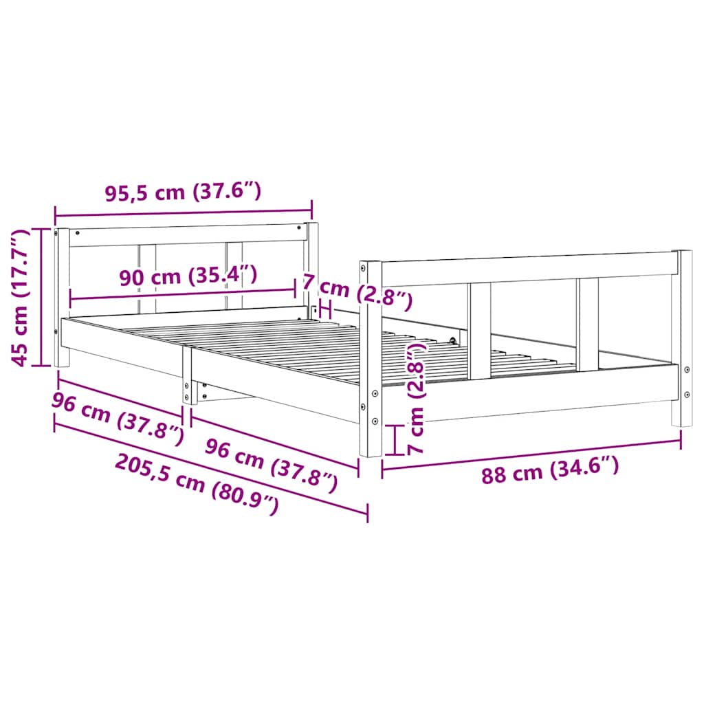 Okvir za dječji krevet bijeli 90 x 200 cm od masivne borovine