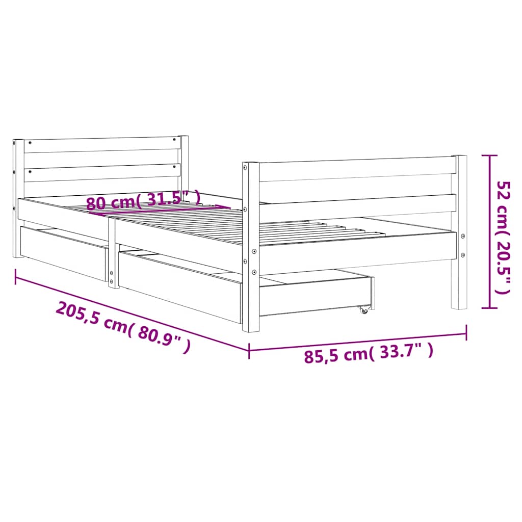 Okvir za dječji krevet s ladicama bijeli 80x200 cm od borovine