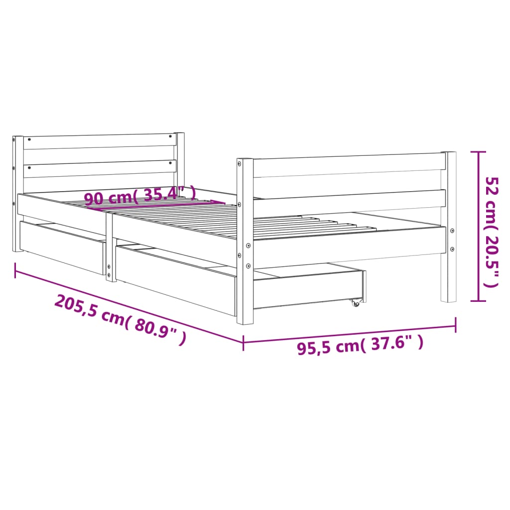 Okvir za dječji krevet s ladicama 90x200 cm od masivne borovine
