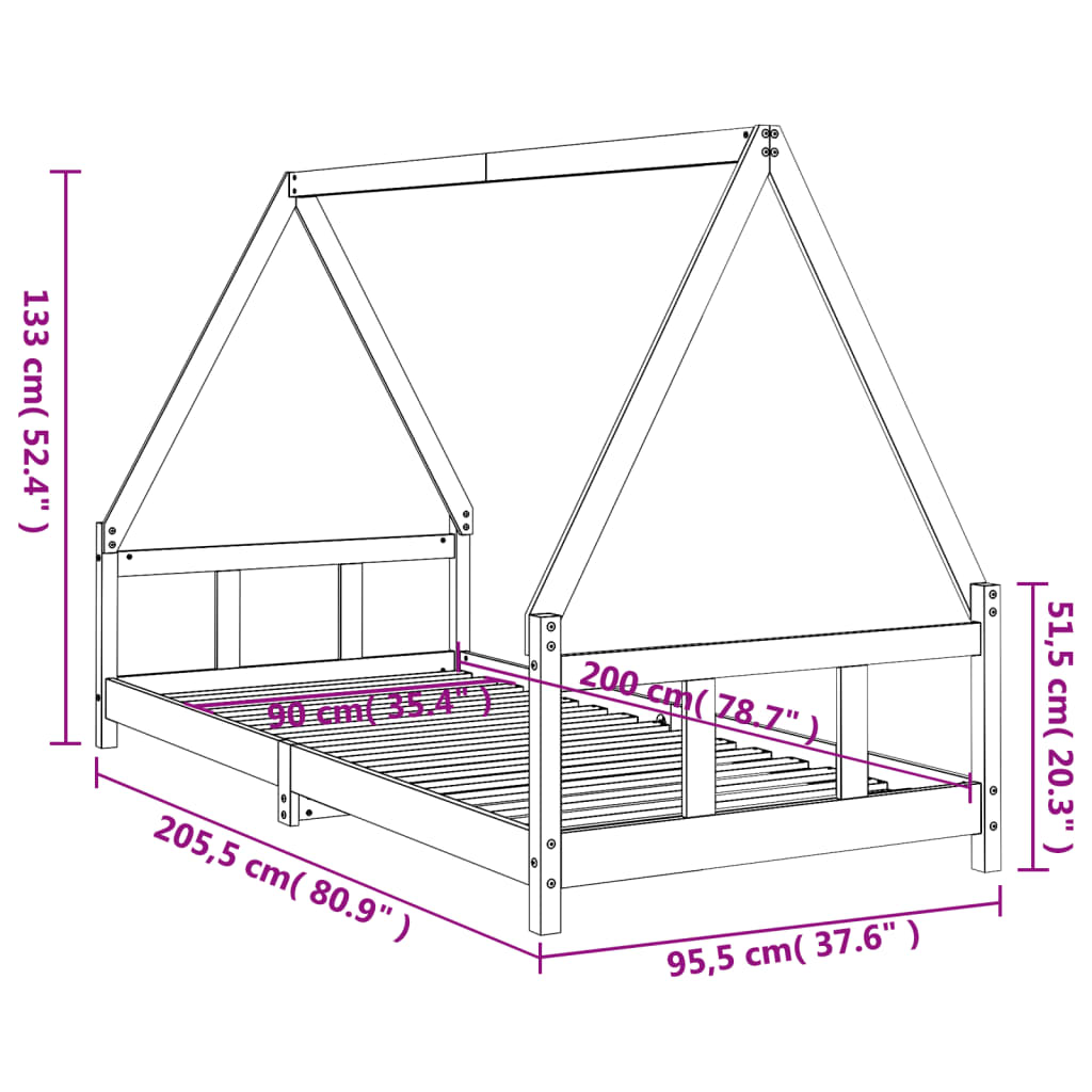 Okvir za dječji krevet bijeli 90 x 200 cm od masivne borovine