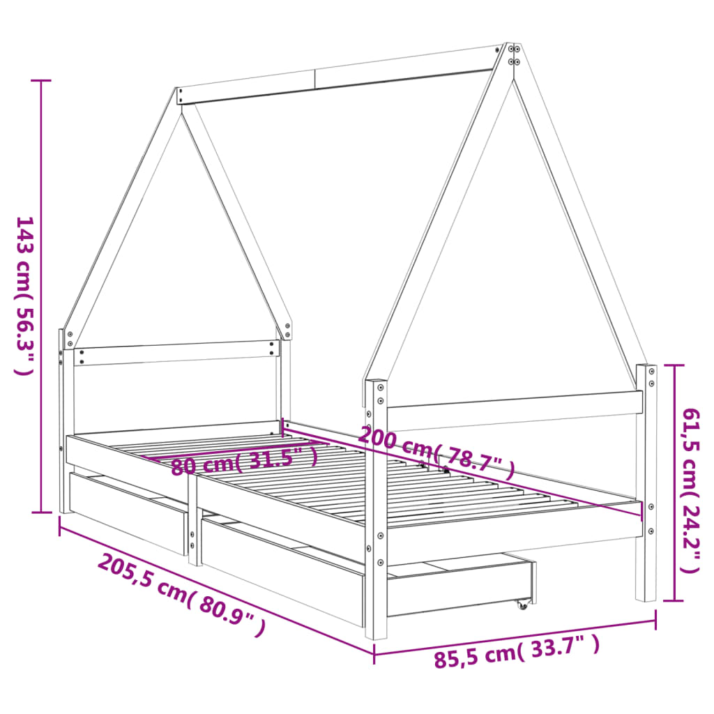 Okvir za dječji krevet s ladicama bijeli 80x200 cm od borovine