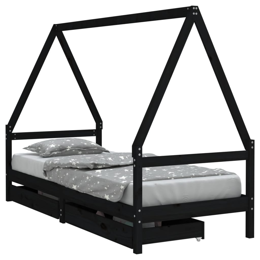 Okvir za dječji krevet s ladicama crni 90 x 200 cm od borovine