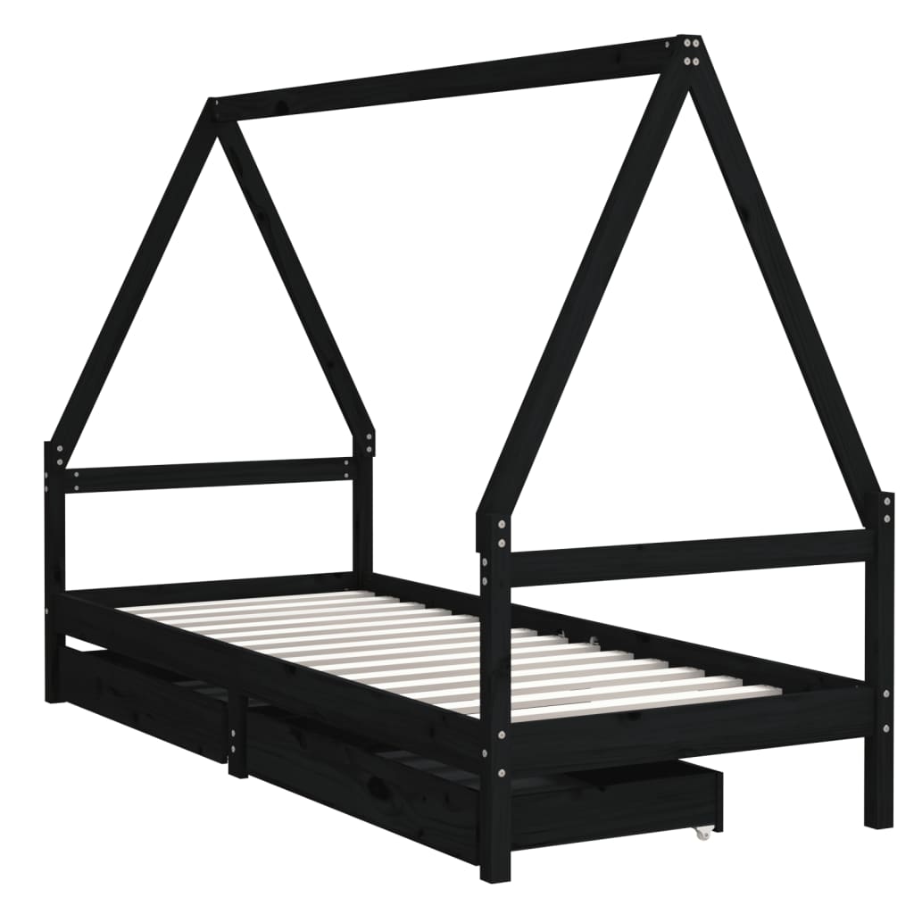 Okvir za dječji krevet s ladicama crni 90 x 200 cm od borovine