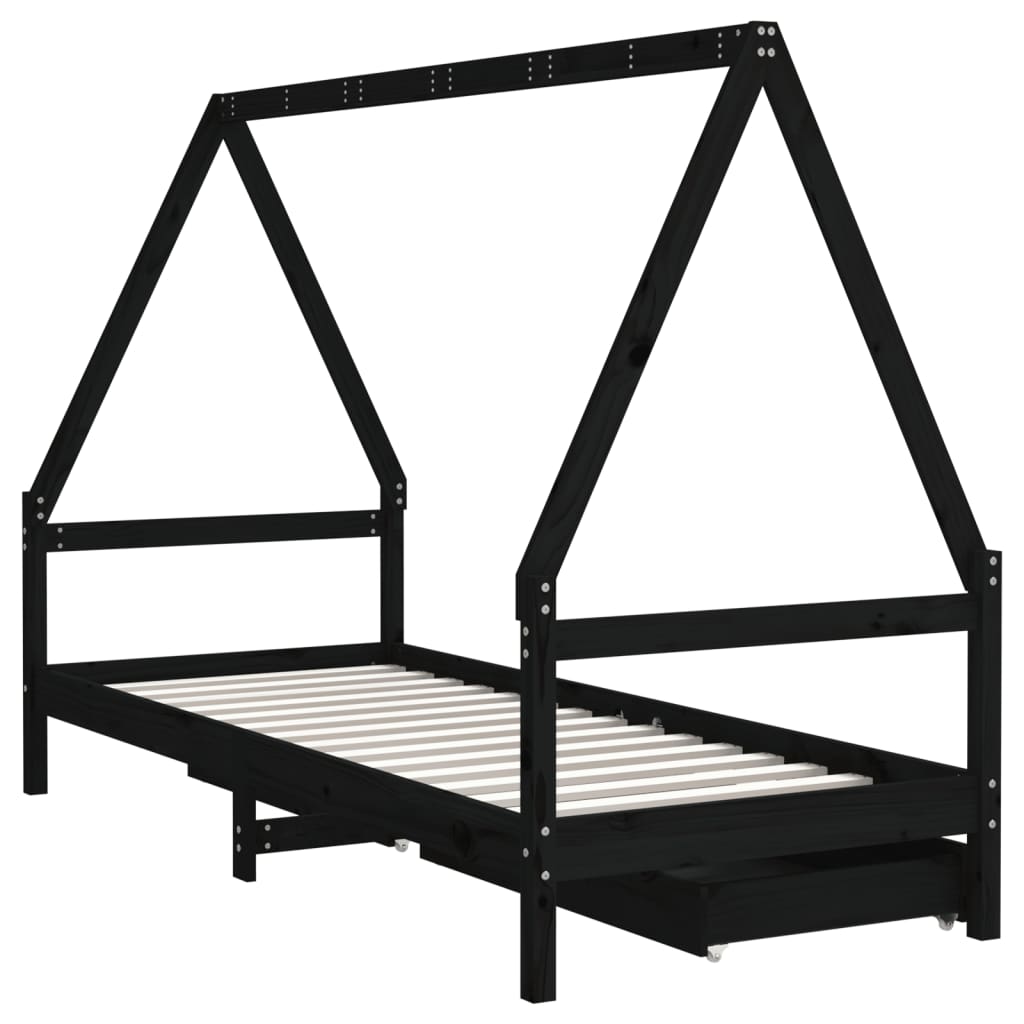 Okvir za dječji krevet s ladicama crni 90 x 200 cm od borovine
