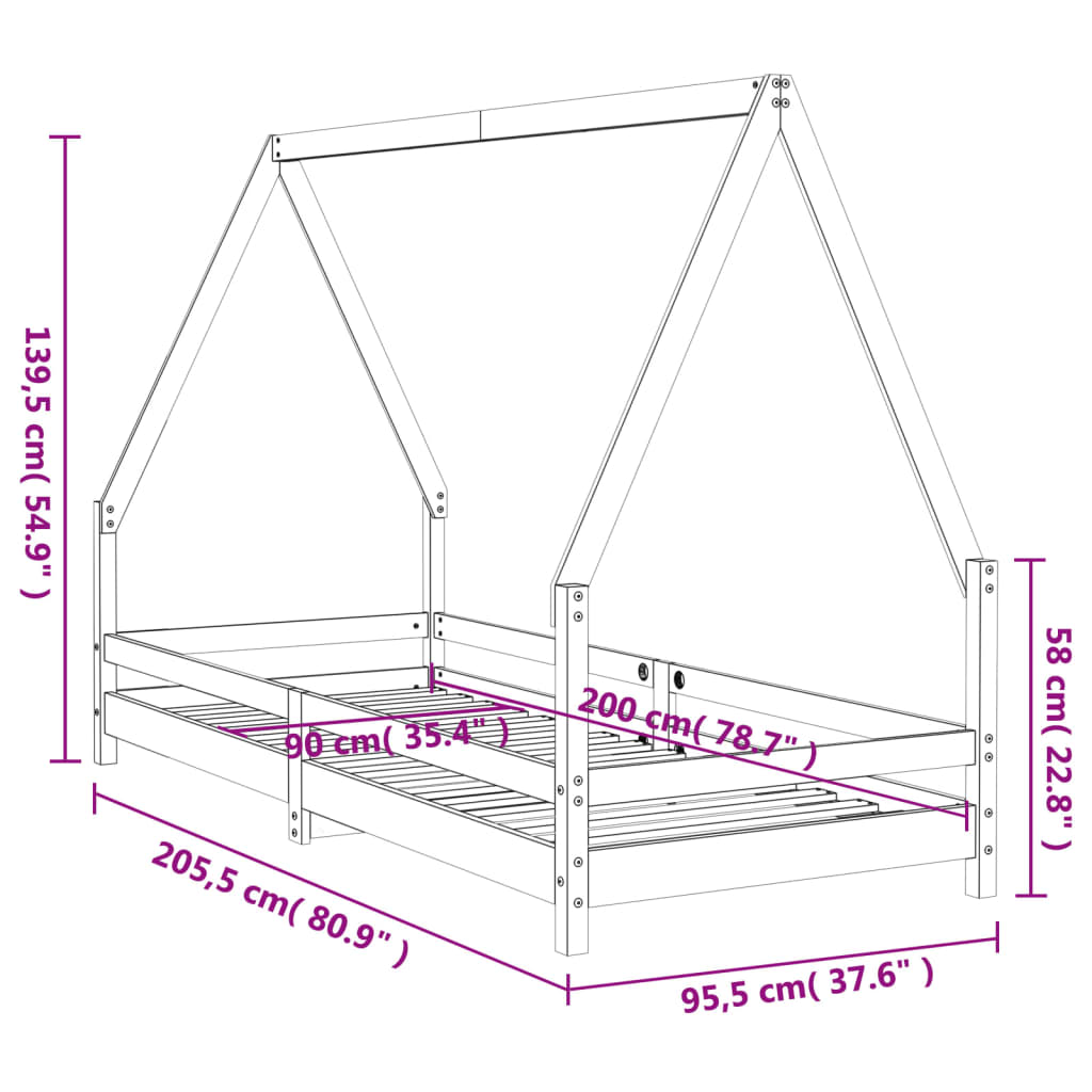 Okvir za dječji krevet 90 x 200 cm od masivne borovine
