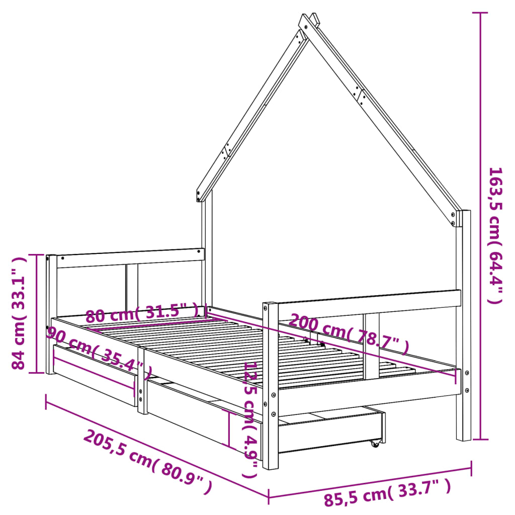 Okvir za dječji krevet s ladicama bijeli 80x200 cm od borovine