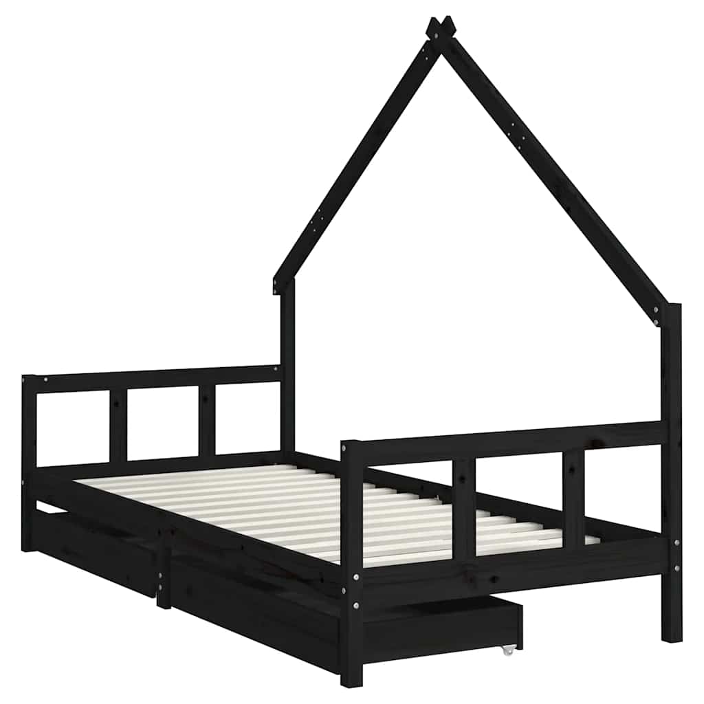 Okvir za dječji krevet s ladicama crni 90 x 200 cm od borovine