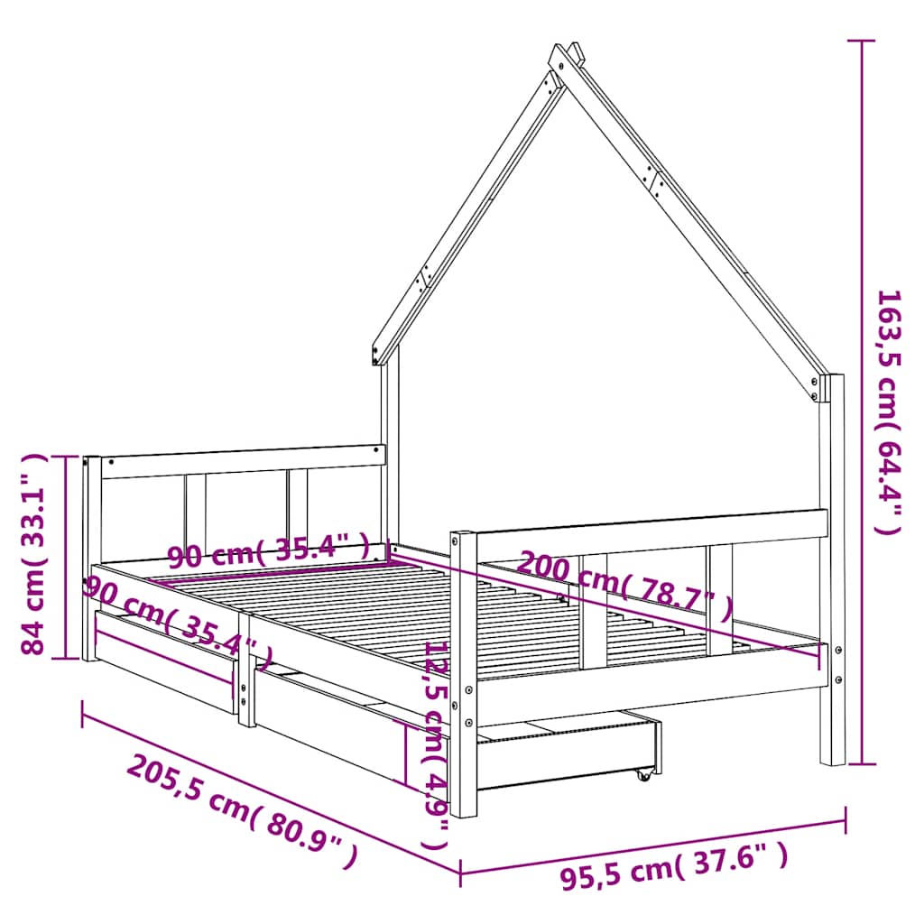 Okvir za dječji krevet s ladicama crni 90 x 200 cm od borovine