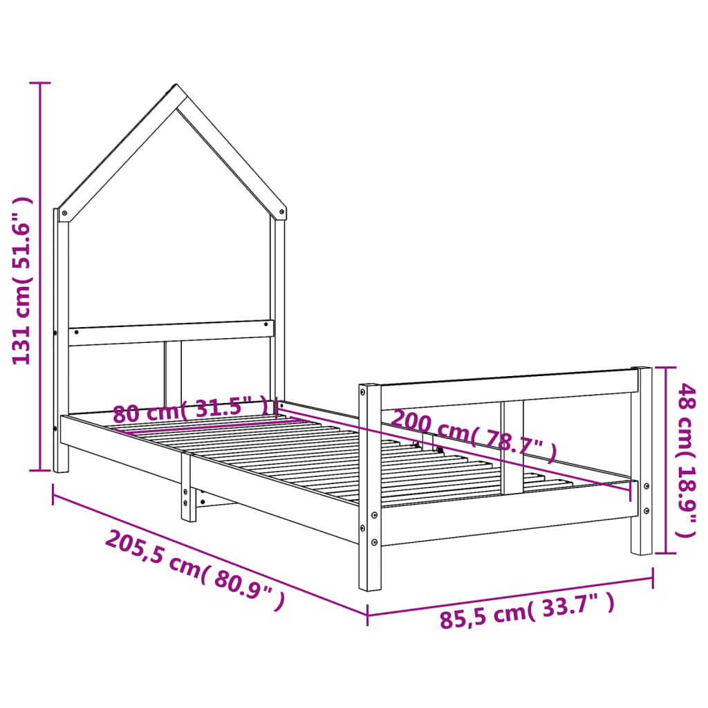 Okvir za dječji krevet 80 x 200 cm od masivne borovine