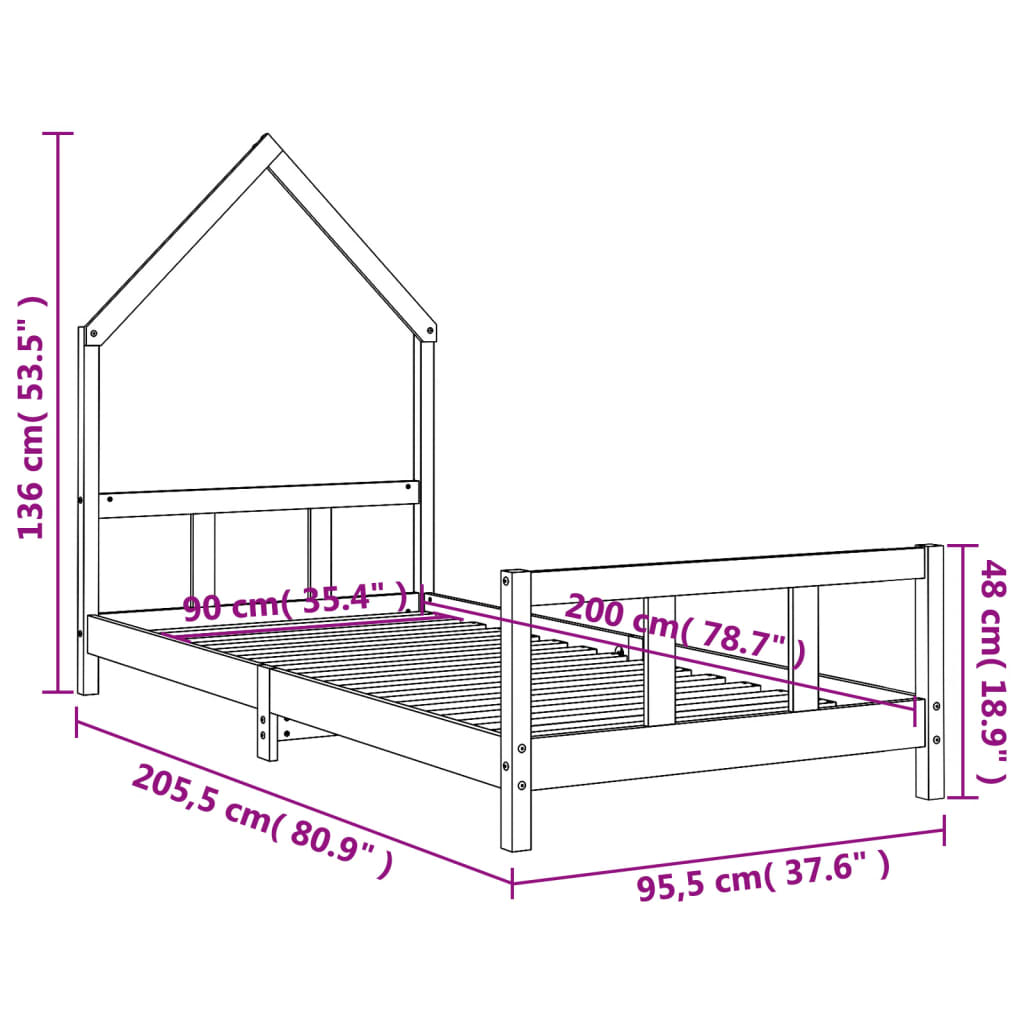 Okvir za dječji krevet bijeli 90 x 200 cm od masivne borovine