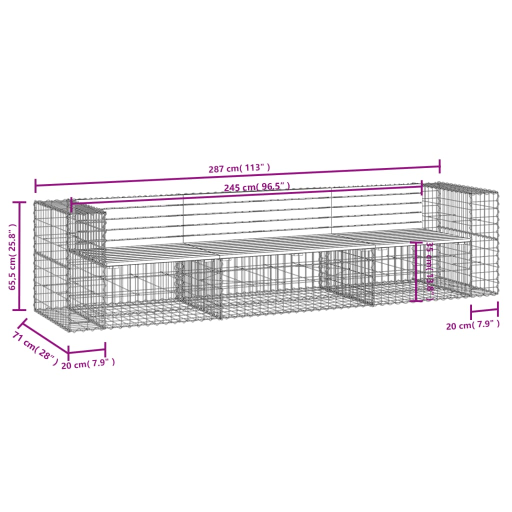Vrtna klupa s gabionskim dizajnom 287x71x65,5 cm od borovine