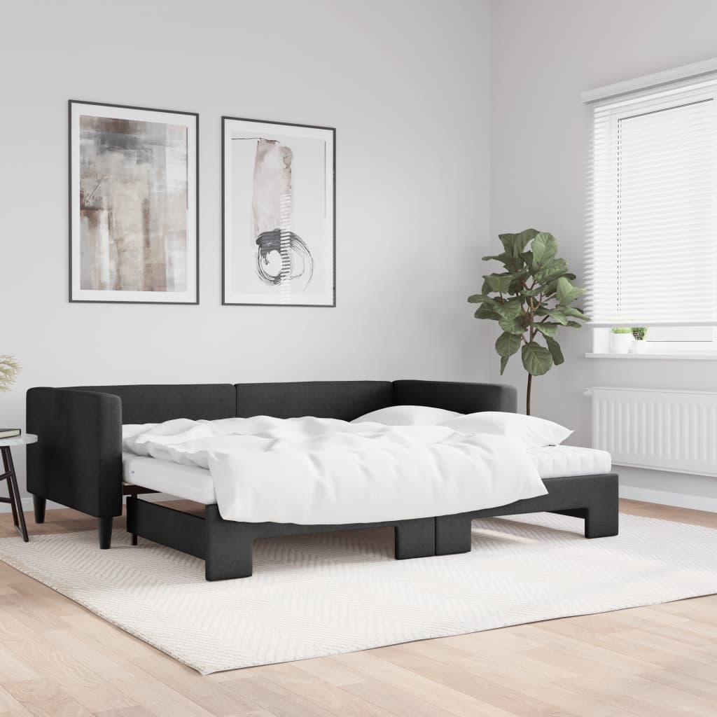 Dnevni krevet na razvlačenje s madracima crni 90x200 cm tkanina