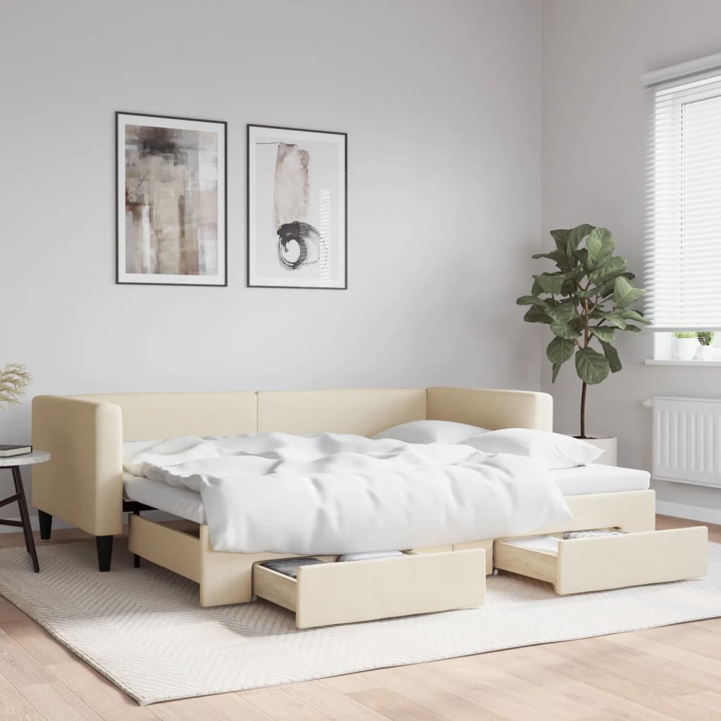 Dnevni krevet na razvlačenje s ladicama krem 90x200 cm tkanina