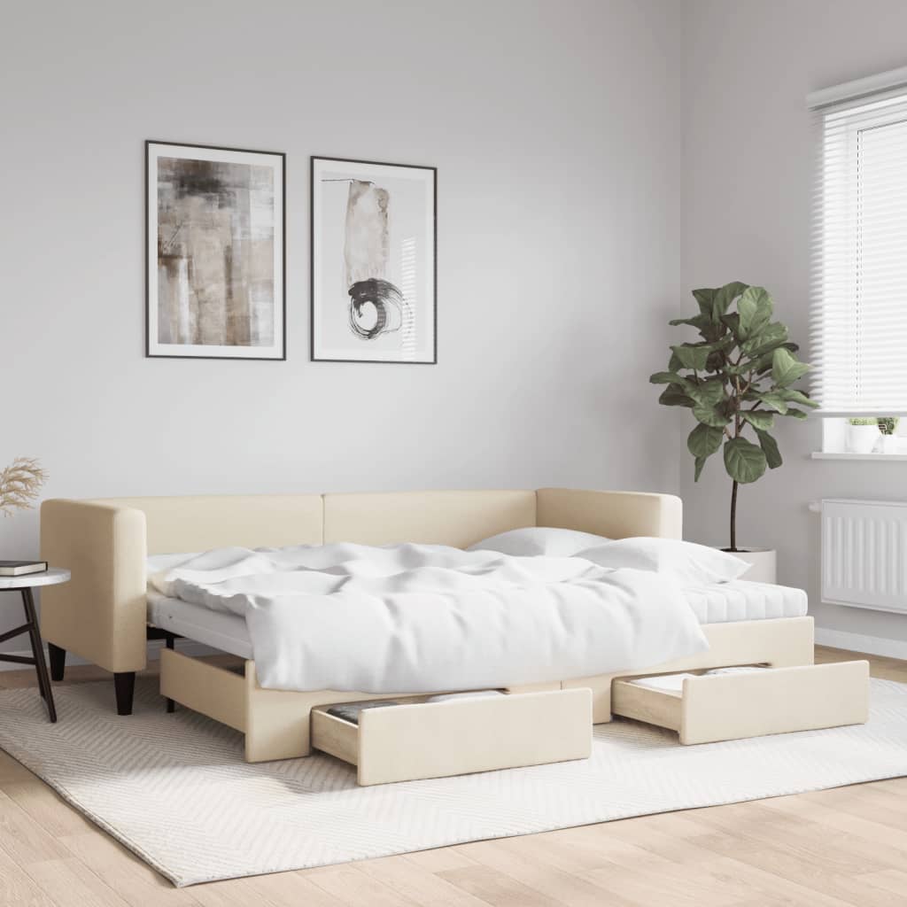 Dnevni krevet na razvlačenje s ladicama krem 80x200 cm tkanina